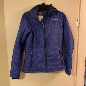 Columbia blue women’s zip up jacket, hooded, size small, omni heat.